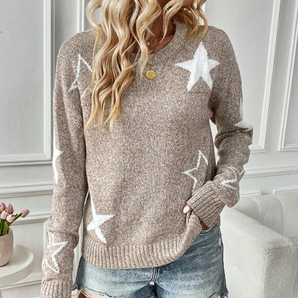 Khaki Casual Womens Star Pattern Drop Shoulder Sweater - Picture 4 of 5